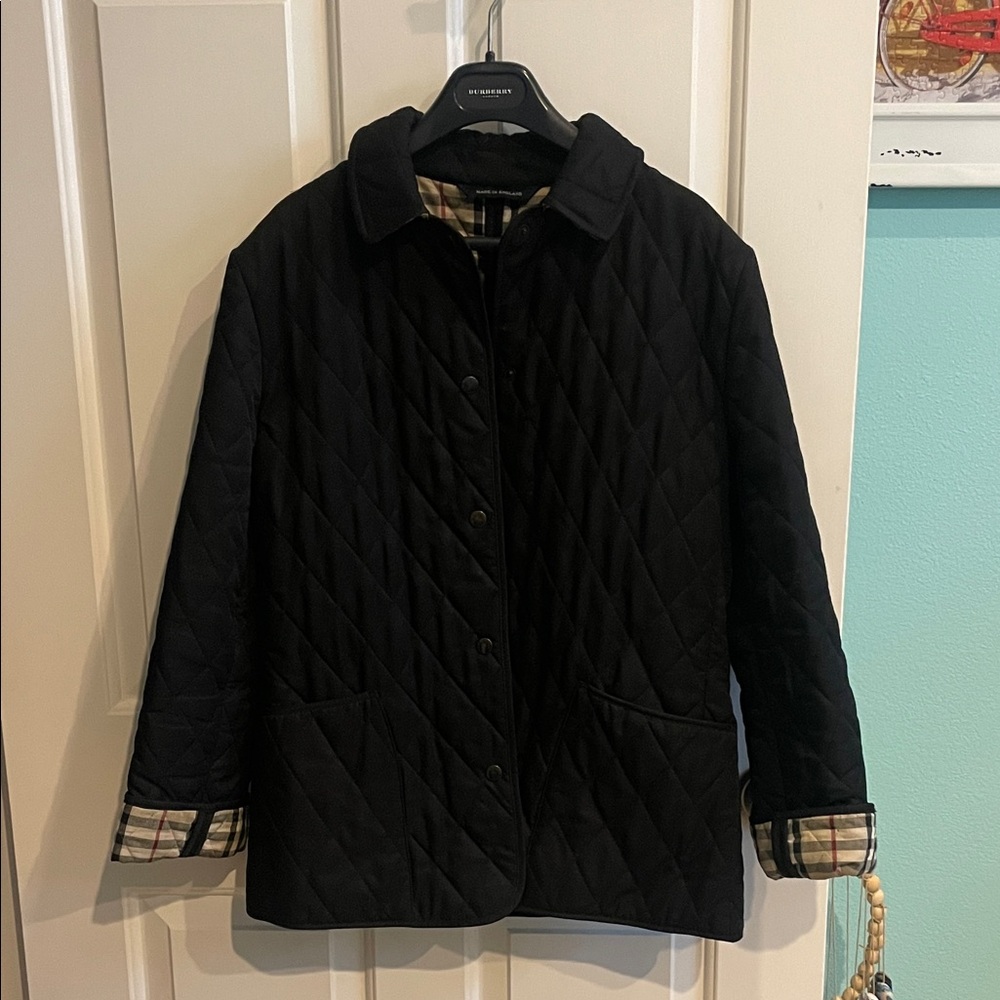 Burberry Black Quilted Utility Jacket with Plaid Trim